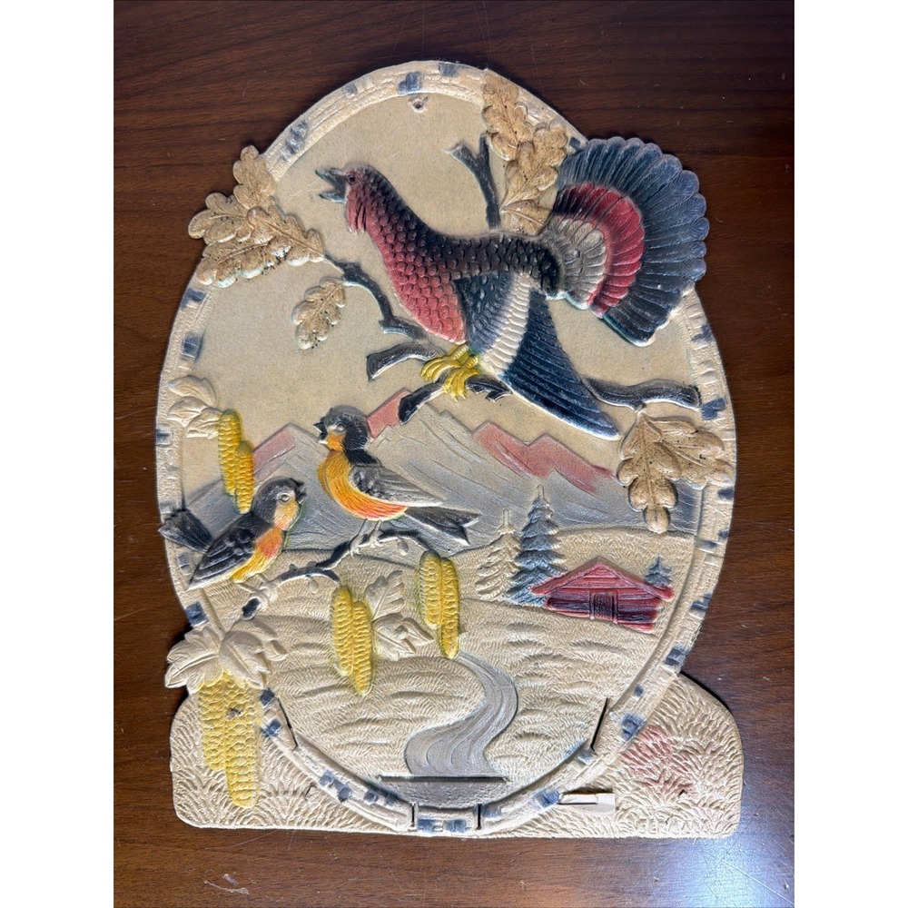 VTG antique embossed die cut german calendar topper back 3D cardboard Birds BIG